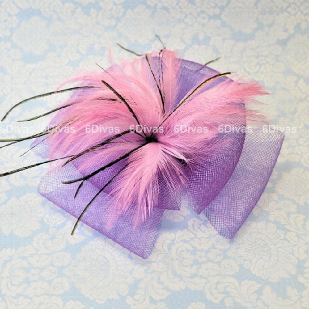 Hair Clip And Brooch, Pink Feathers and Purple Fascinator and Brooch Pin- NEW